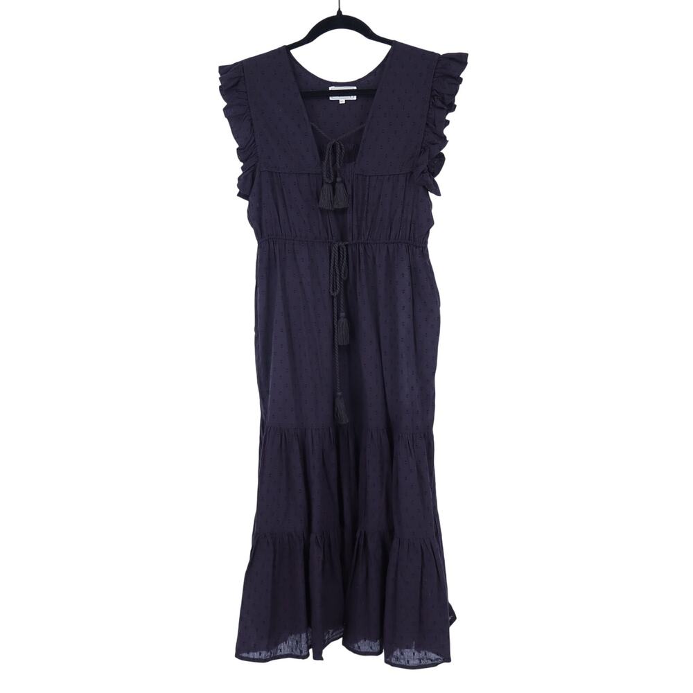 Mille Esme Midi Dress Black Textured Cotton Swiss Dot Tassel Tie Women's XS